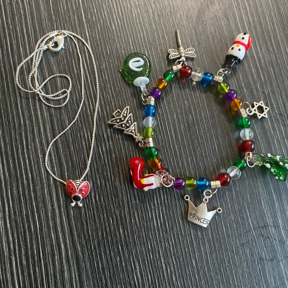 Colorful Beaded glass Charm Bracelet & Ladybug Pendant Necklace